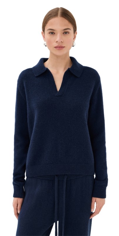 The Elder Statesman Henley Cashmere Top Navy