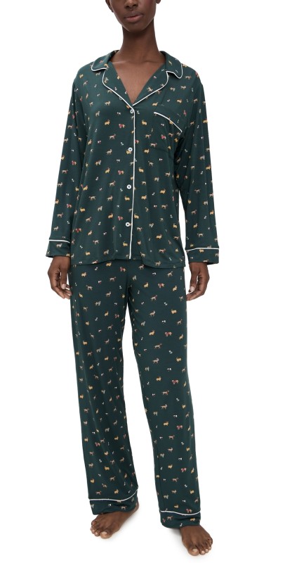 Eberjey Gisele Printed Long Pajama Set Holiday Dogs Pine/Ivory