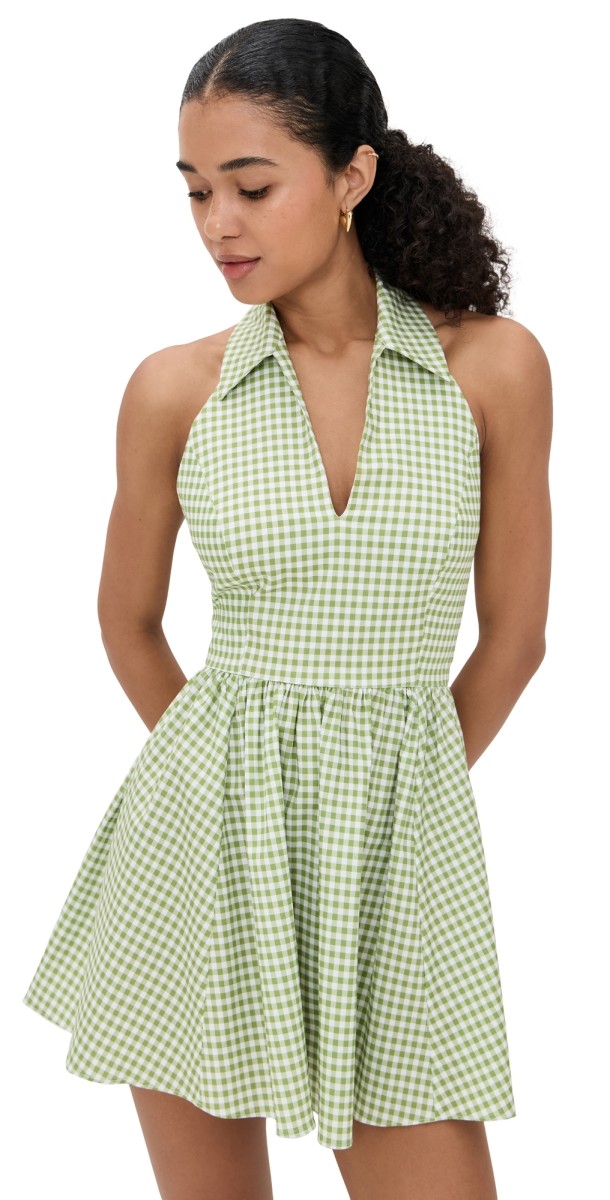 CAROLINE CONSTAS Aya Open Back Collared Mini Dress Spinach Gingham