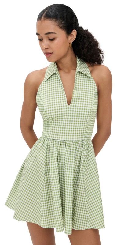 CAROLINE CONSTAS Aya Open Back Collared Mini Dress Spinach Gingham