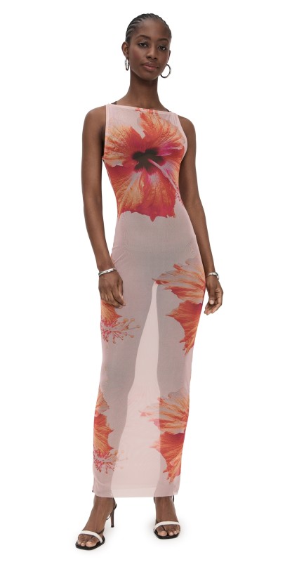 Good American Gauze Mesh Maxi Dress Mauve Tropical Hibiscus