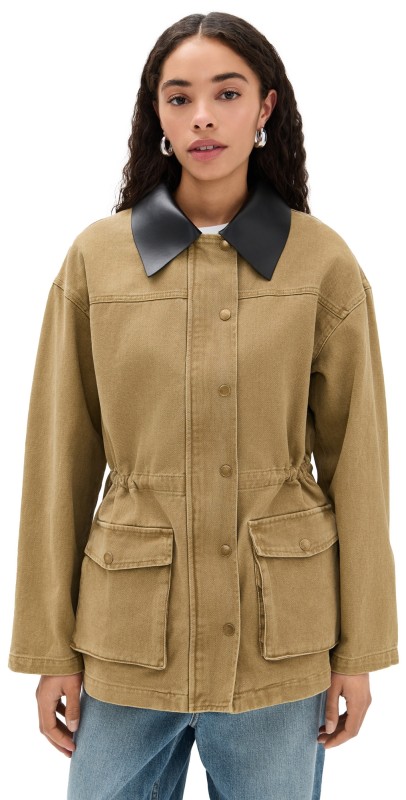 Pixie Market Faux Leather Collar Barn Jacket Khaki