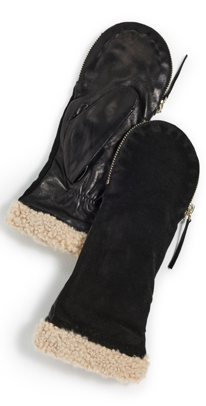 Carolina Amato Shearling Cuff Suede Back Zipper Mittens Black/Natural