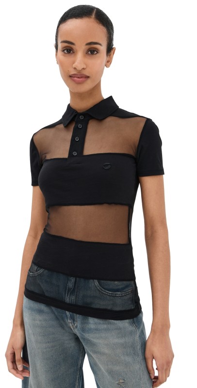 Coperni Striped Sheer Polo Top Black