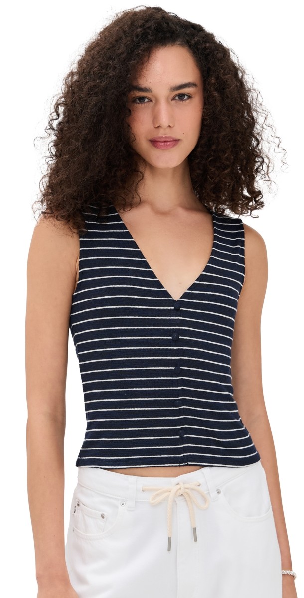 rag & bone The Knit Stripe Button Up Tank Navy Multi