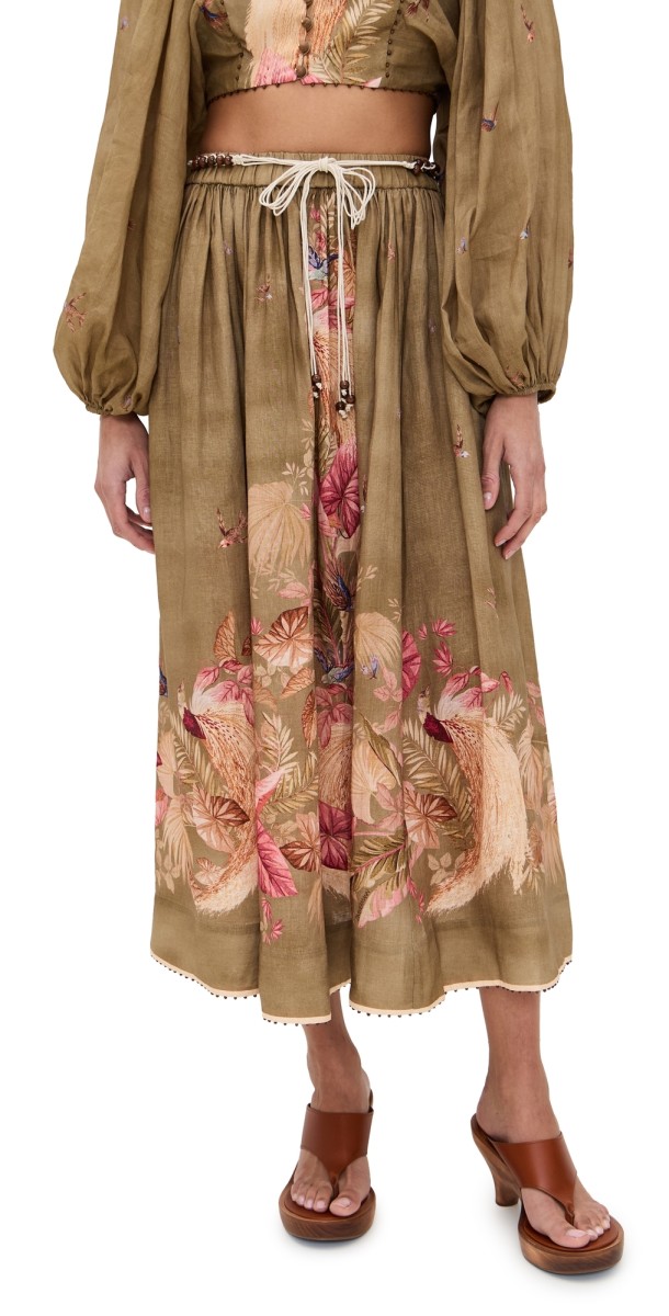 Zimmermann Ascension Midi Skirt Khaki Palm Floral