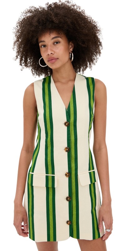 SIMONMILLER Carob Printed Linen Mini Dress Cream/Green Stripe