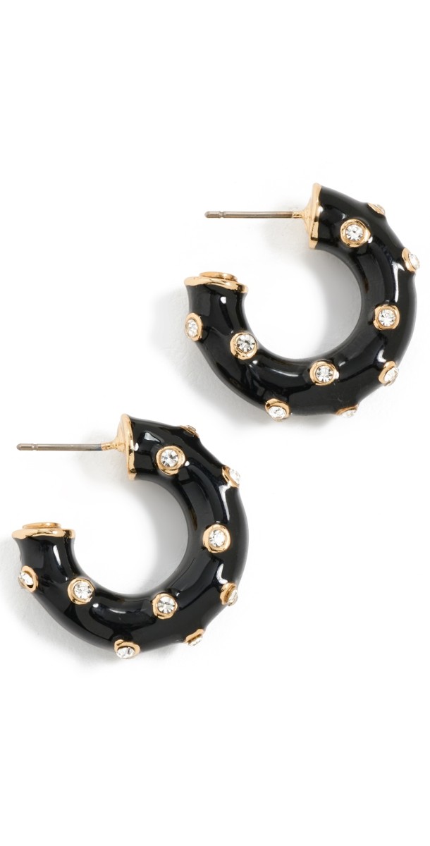 Kenneth Jay Lane Crystal Dots Enamel Hoop Pierced Earrings Gold/Crystal/Black