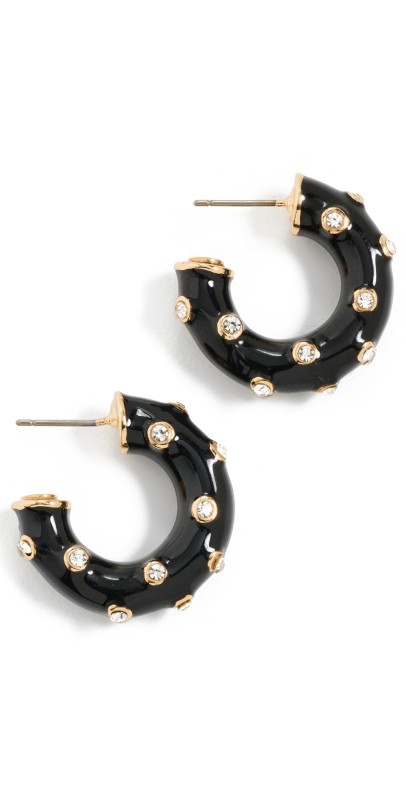 Kenneth Jay Lane Crystal Dots Enamel Hoop Pierced Earrings Gold/Crystal/Black