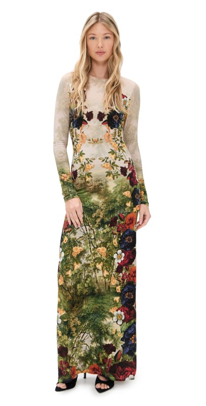 alice + olivia Delora Long Sleeve Crew Neck Maxi Dress Forbidden Forest