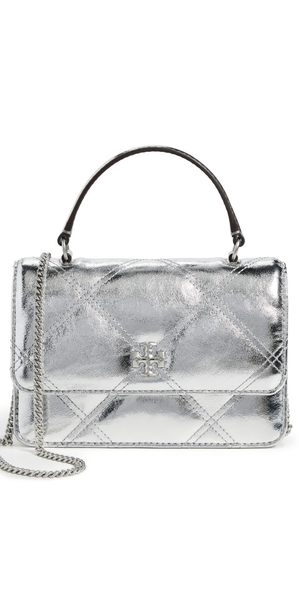 Tory Burch Kira Diamond Quilt Metallic Mini Top Handle Satchel Silver