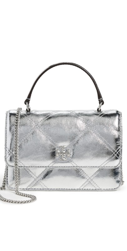 Tory Burch Kira Diamond Quilt Metallic Mini Top Handle Satchel Silver