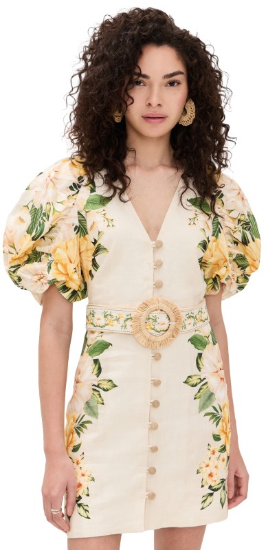 FARM Rio Puff Sleeves Mini Dress Garden Cascade Sand