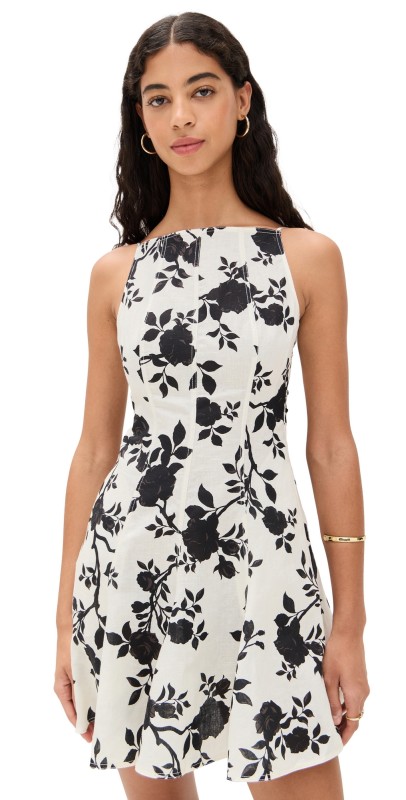 Self Portrait Floral Print Linen Mini Dress Black and Cream