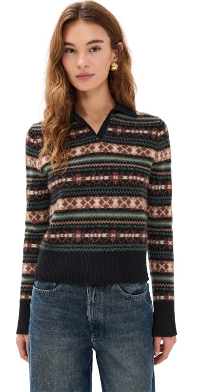Vince Fair Isle Polo Sweater Cacao/Malachite Combo