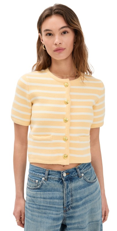 English Factory Knit Striped Sweater Cardigan Butter/White