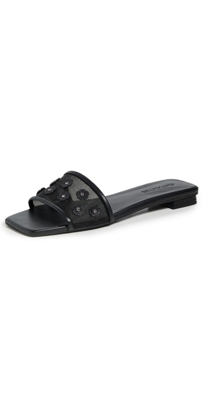 Coach Tea Rose Flat Sandals Black