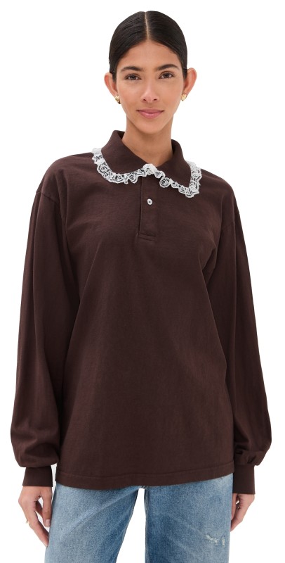 Tanner Fletcher Cletus Lace Trim Long Sleeve Polo Brown