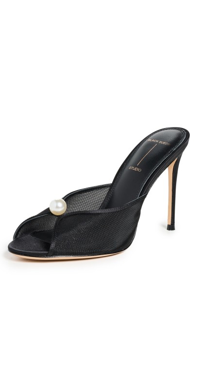 Black Suede Studio Sadie 100 Sandals Black Mesh/Pearl Ornament