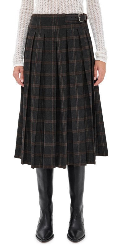 Sea Monroe Wool Plaid Belted Pleat Skirt Multi