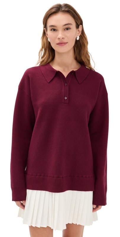 English Factory Polo Mixed Media Mini Dress Burgundy/White