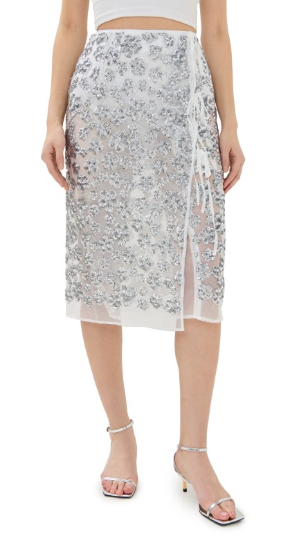 Cecilie Bahnsen Ume Floral Sequins Ariana Skirt Silver