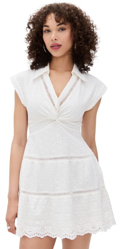 alice + olivia Mila Eyelet Deep V Twist Front Mini Dress Off White