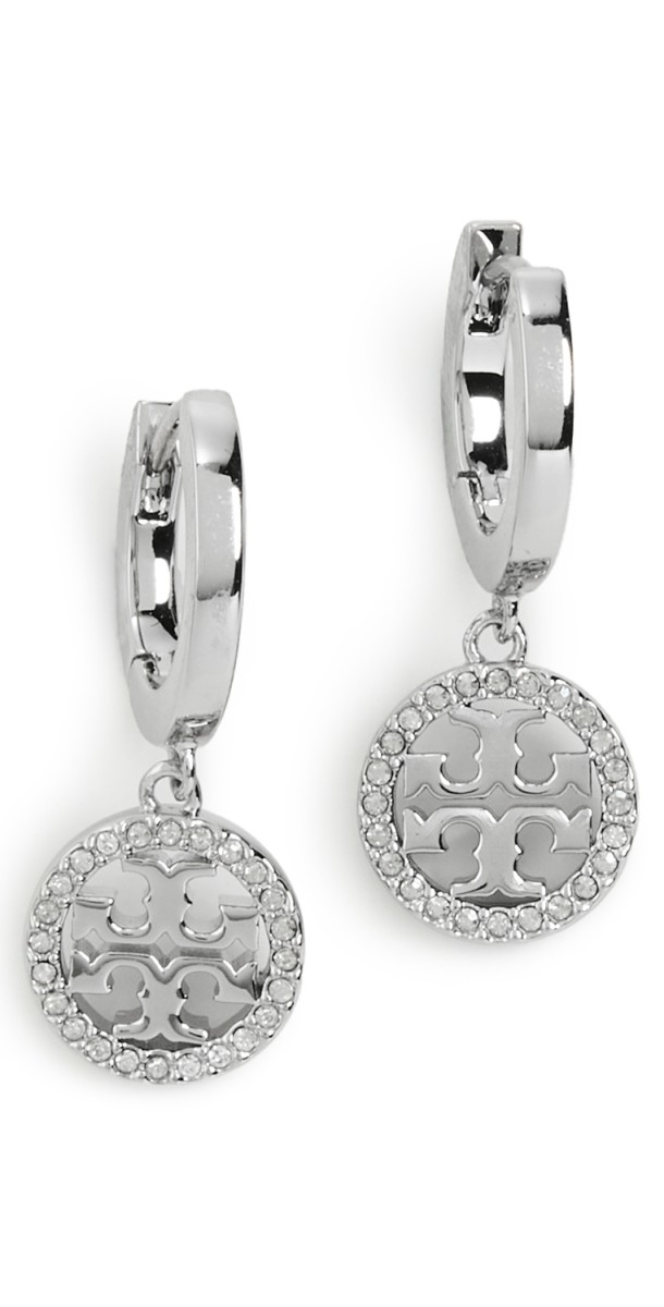 Tory Burch Huggie Hoop Earrings Tory Silver/Crystal