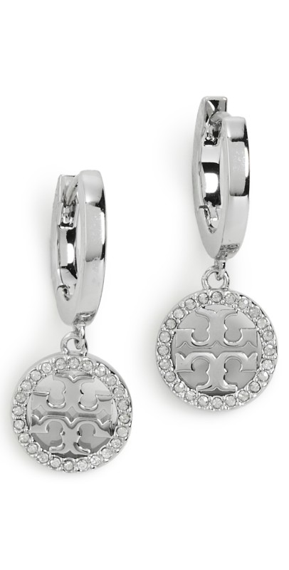 Tory Burch Huggie Hoop Earrings Tory Silver/Crystal
