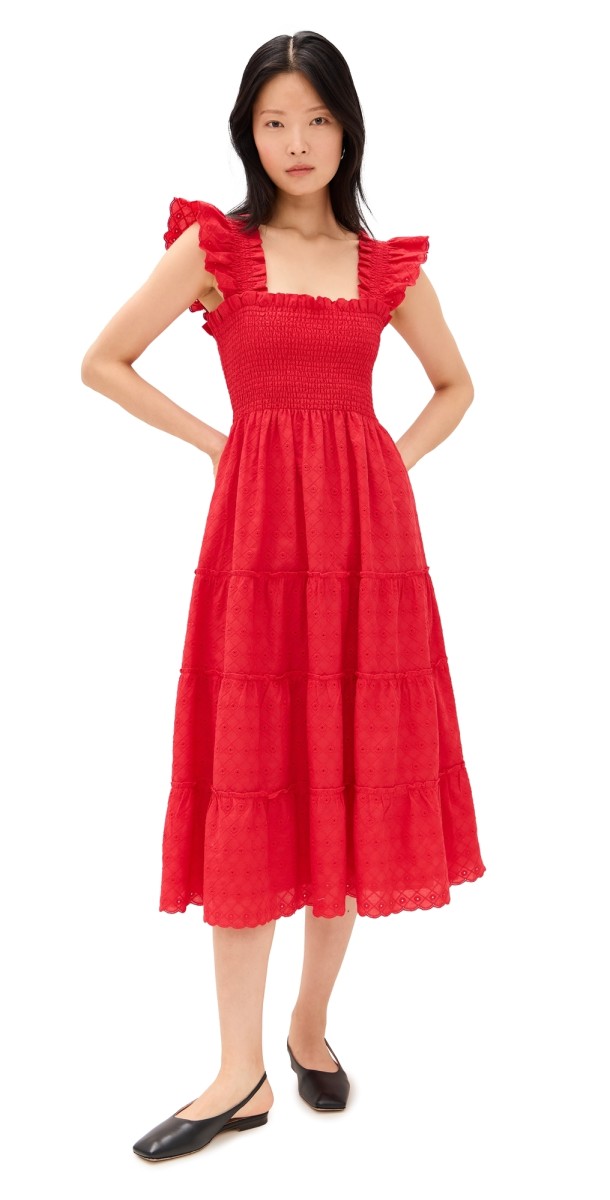 Hill House Home The Ellie Nap Dress Red Daisy Check Eyelet