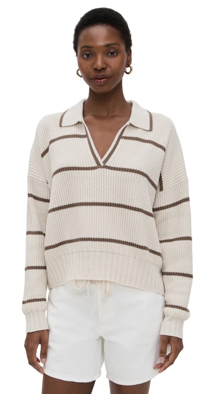 Splendid x Cella Jane Stripe Polo Sweater Pearl/Hazelnut
