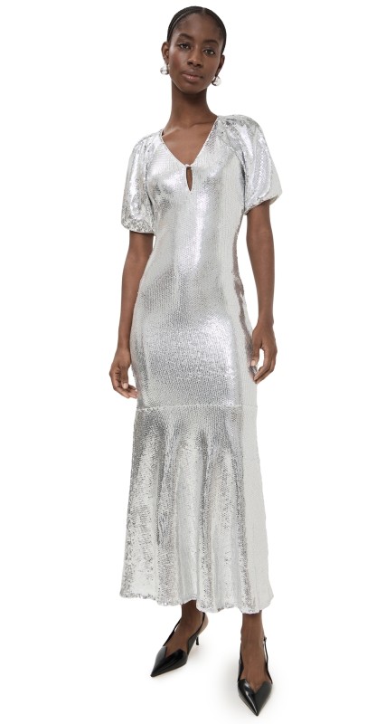 ROTATE Sequin Midi Dress Silver