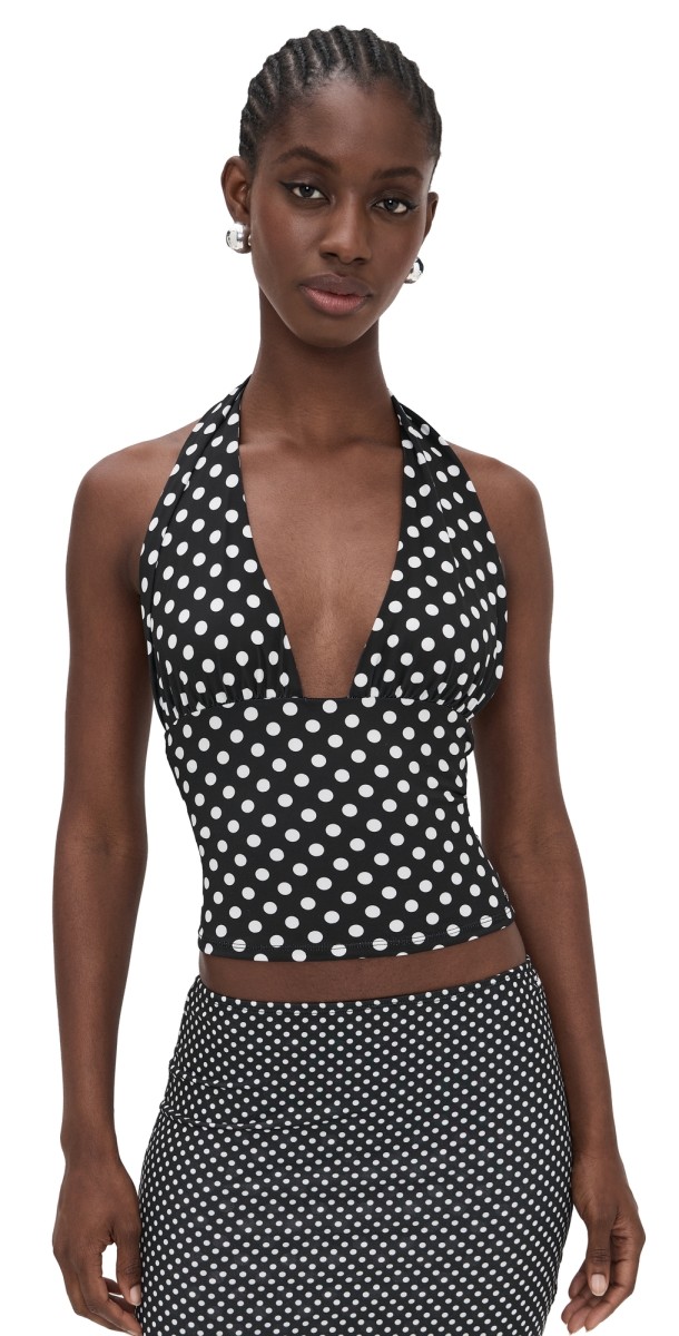 Miaou Mathilde Halter Top Black And White Polka Dot