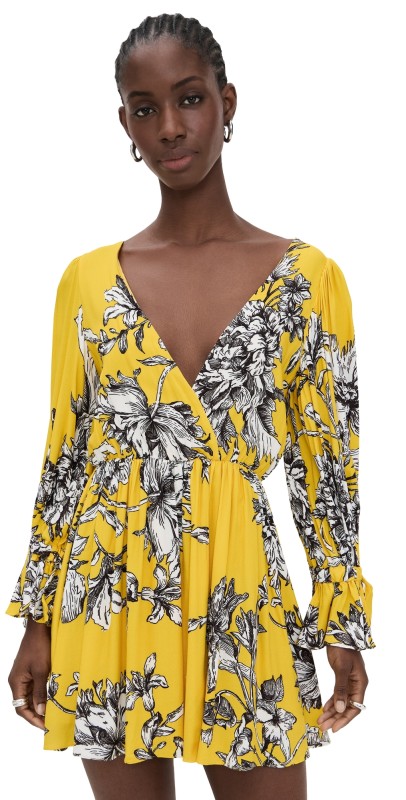 alice + olivia Clarissa Deep V Tie Sleeve Mini Dress Blooming Wild Golden Hour
