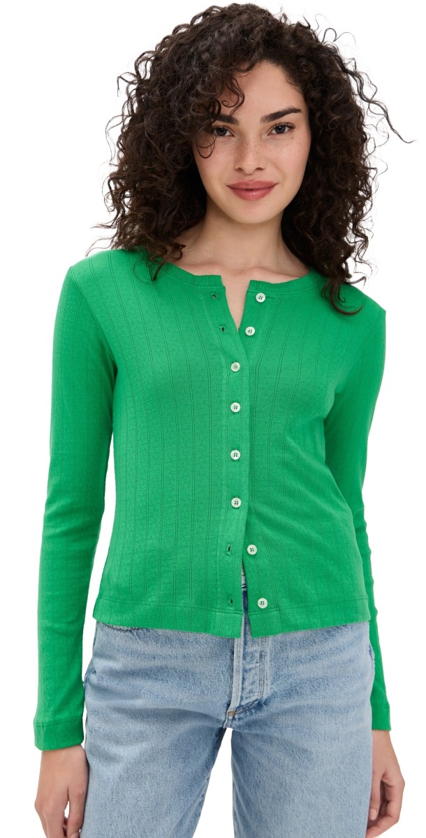 Leset Classic Pointelle Cardigan Vert