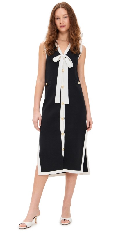 English Factory Knit Midi Dress With Ribbon Tie Black/Cream