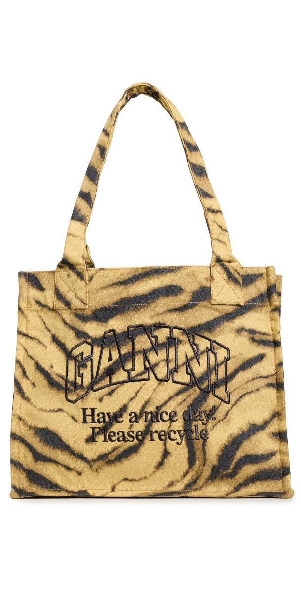 GANNI Large Easy Shopper Pocket Zebra Print Tote Khak