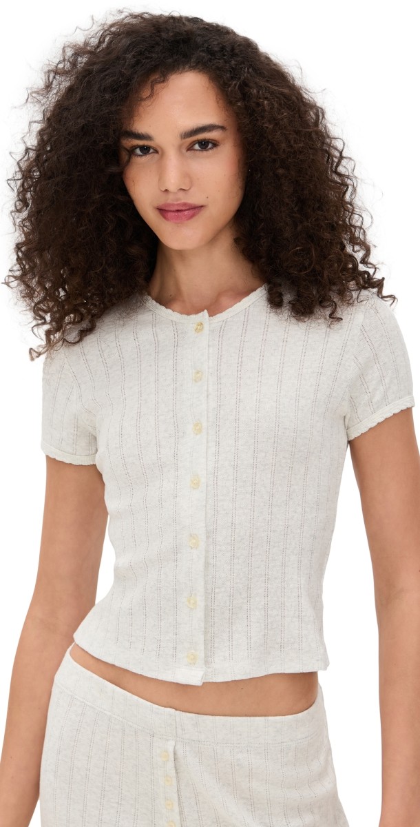 Leset Pointelle Short Sleeve Cardigan Cloud Melange