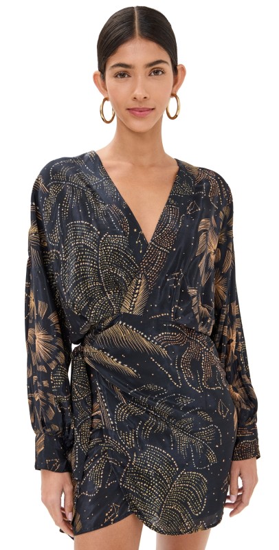 FARM Rio Golden Foliage Black Mini Puffy Sleeve Dress Golden Foliage Black