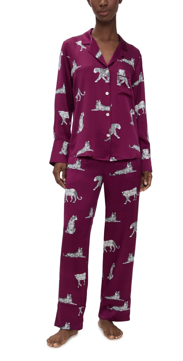 Petite Plume Silk Panther Pajama Set Merlot