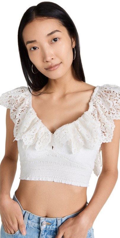 alice + olivia Bleeker Smocked Crop Top Off White