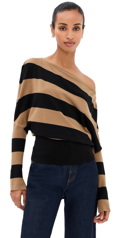 SIMKHAI Lavina Off Shoulder Sweater Camel Stripe