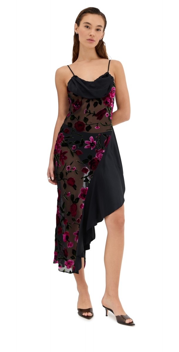 Rodarte Floral Devor Slip Dress with Satin Detail Black And Pink