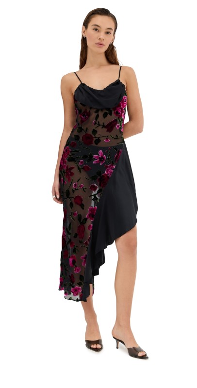 Rodarte Floral Devor Slip Dress with Satin Detail Black And Pink