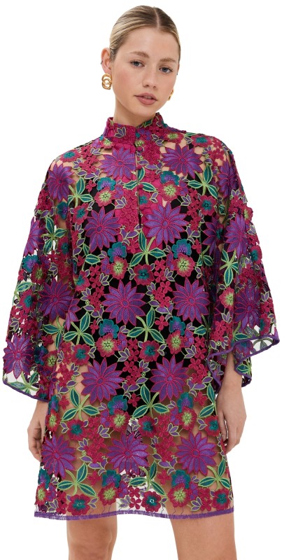 La Vie Style House Embroidered Florals Mini Caftan Magenta/Gr