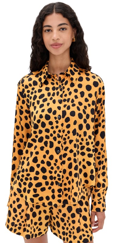 BruceGlen Cheetah Spot Stretch Silk Button Up Shirt Cheetah Spot