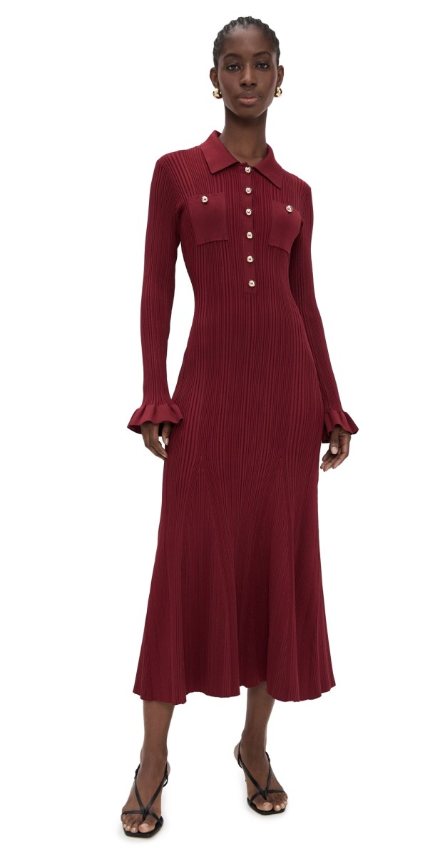 Self Portrait Burgundy Ribbed Knit Midi Dress Red