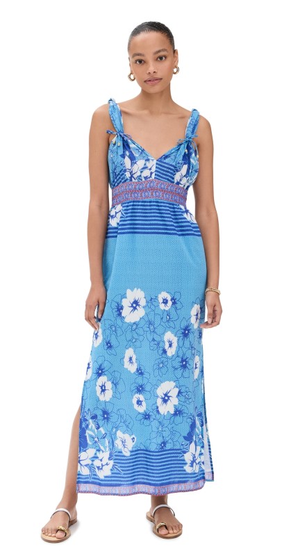 Bell Knot Maxi Dress Blue White Flowers