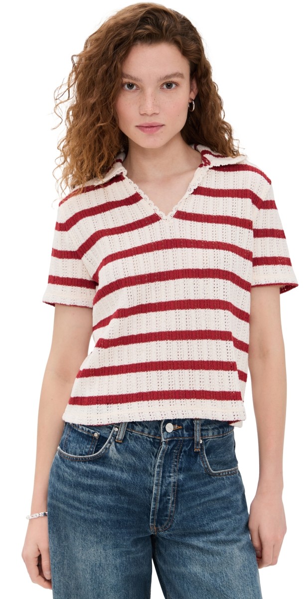 Madewell Crochet Knit V Neck Sweater Tee Red Ochre