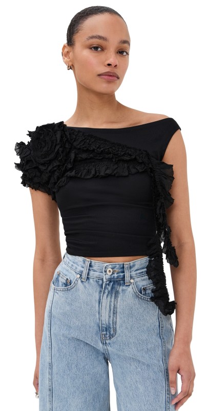 ROKH Flower Draped Off Shoulder Top Black